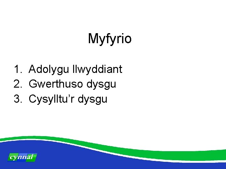 Myfyrio 1. Adolygu llwyddiant 2. Gwerthuso dysgu 3. Cysylltu’r dysgu 