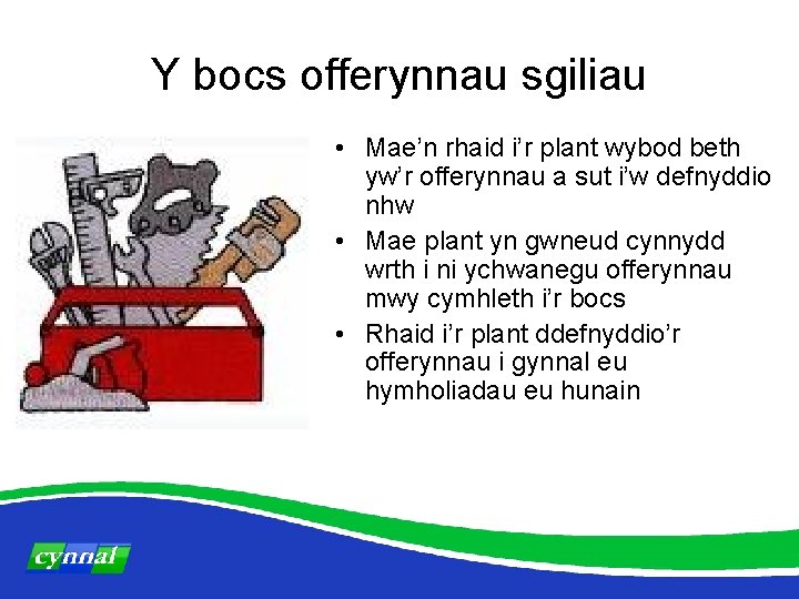 Y bocs offerynnau sgiliau • Mae’n rhaid i’r plant wybod beth yw’r offerynnau a