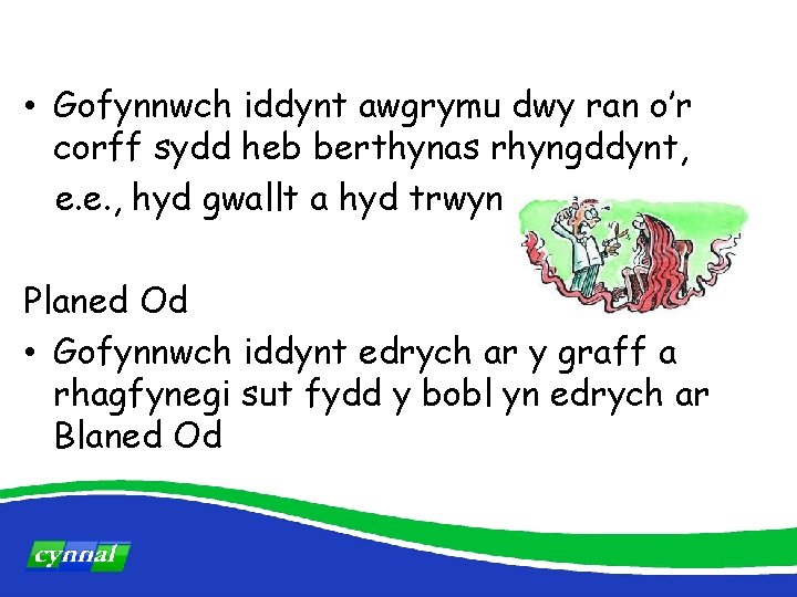  • Gofynnwch iddynt awgrymu dwy ran o’r corff sydd heb berthynas rhyngddynt, e.