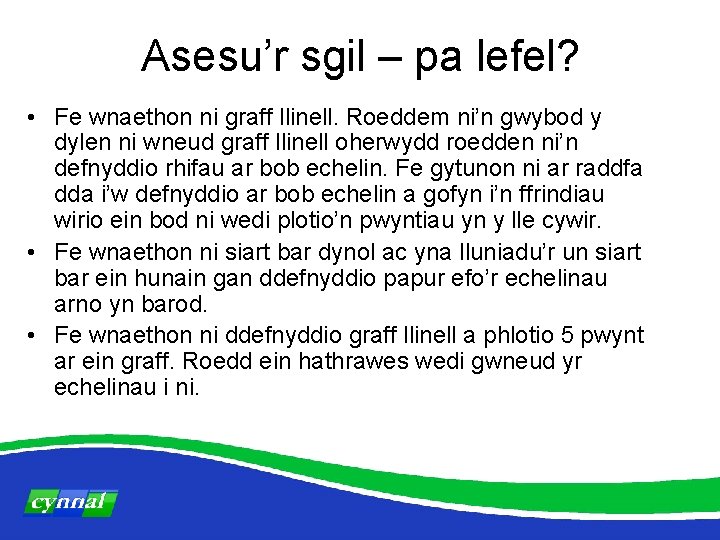 Asesu’r sgil – pa lefel? • Fe wnaethon ni graff llinell. Roeddem ni’n gwybod