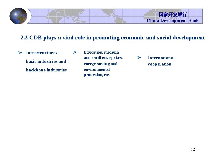 国家开发银行 China Development Bank 2. 3 CDB plays a vital role in promoting economic