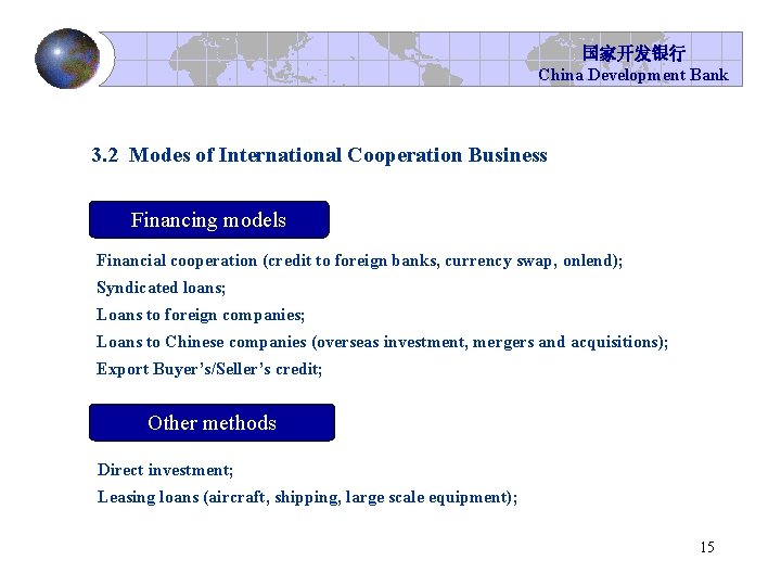 国家开发银行 China Development Bank 3. 2 Modes of International Cooperation Business Financing models Financial