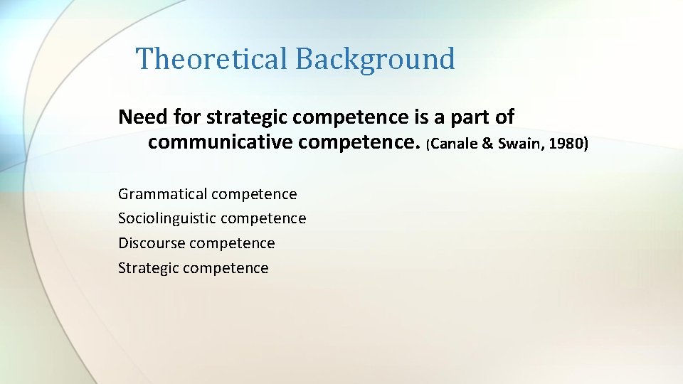 Theoretical Background Need for strategic competence is a part of communicative competence. (Canale &