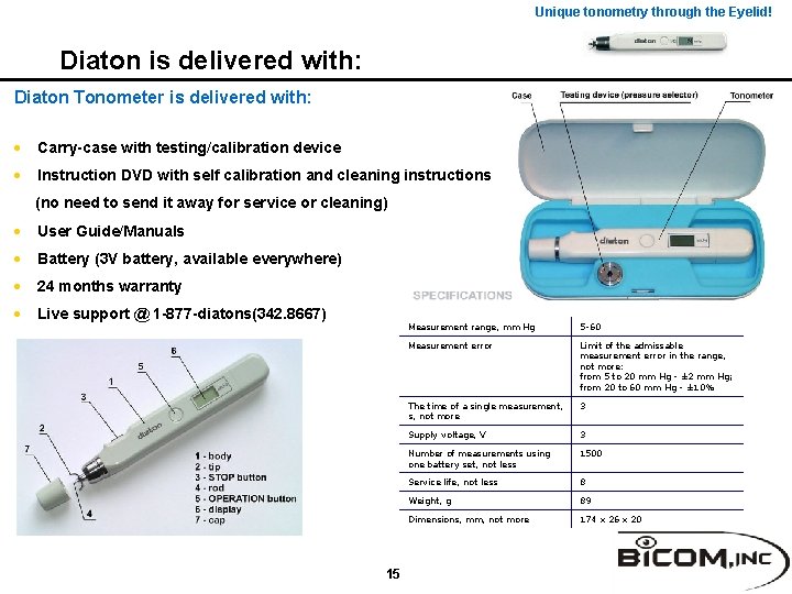 Unique tonometry through the Eyelid! Diaton is delivered with: Diaton Tonometer is delivered with: