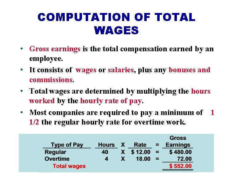 COMPUTATION OF TOTAL WAGES • Gross earnings is the total compensation earned by an