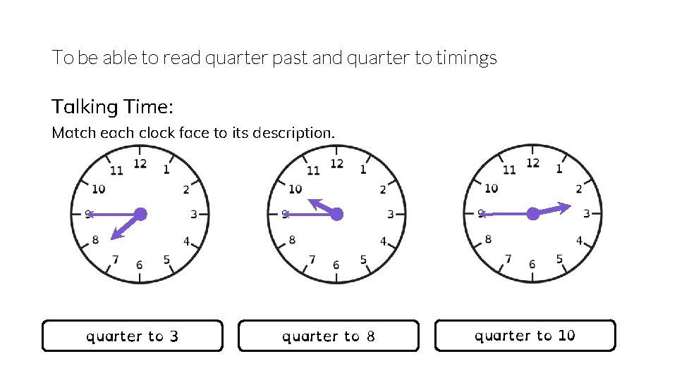 To be able to read quarter past and quarter to timings Talking Time: Match
