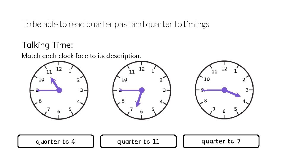 To be able to read quarter past and quarter to timings Talking Time: Match
