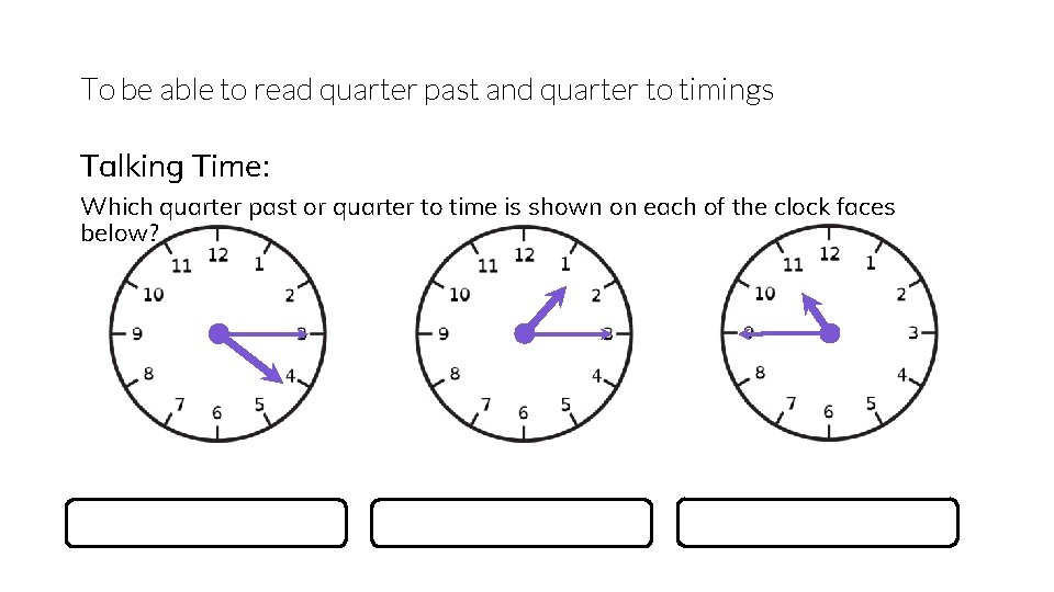 To be able to read quarter past and quarter to timings Talking Time: Which
