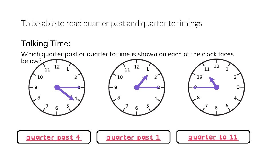 To be able to read quarter past and quarter to timings Talking Time: Which