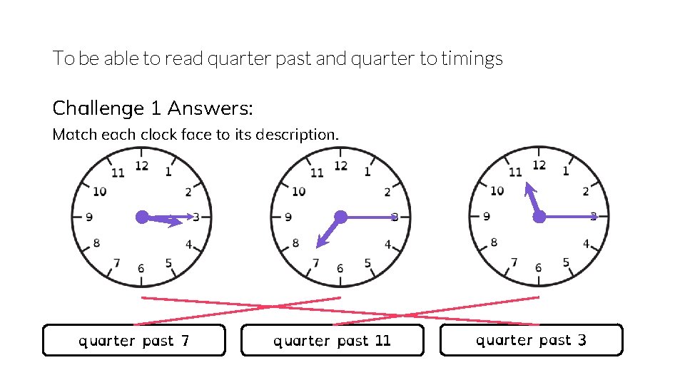 To be able to read quarter past and quarter to timings Challenge 1 Answers: