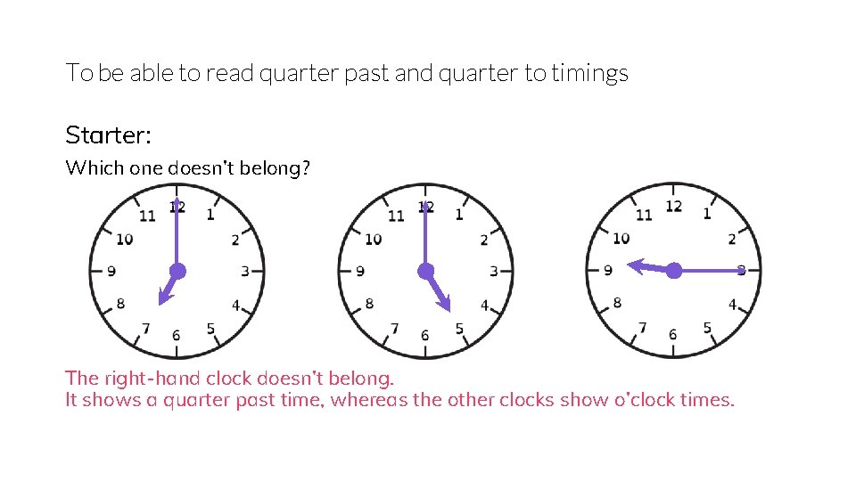 To be able to read quarter past and quarter to timings Starter: Which one