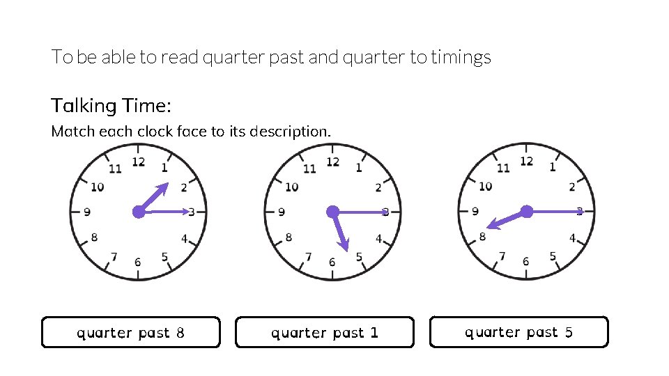 To be able to read quarter past and quarter to timings Talking Time: Match
