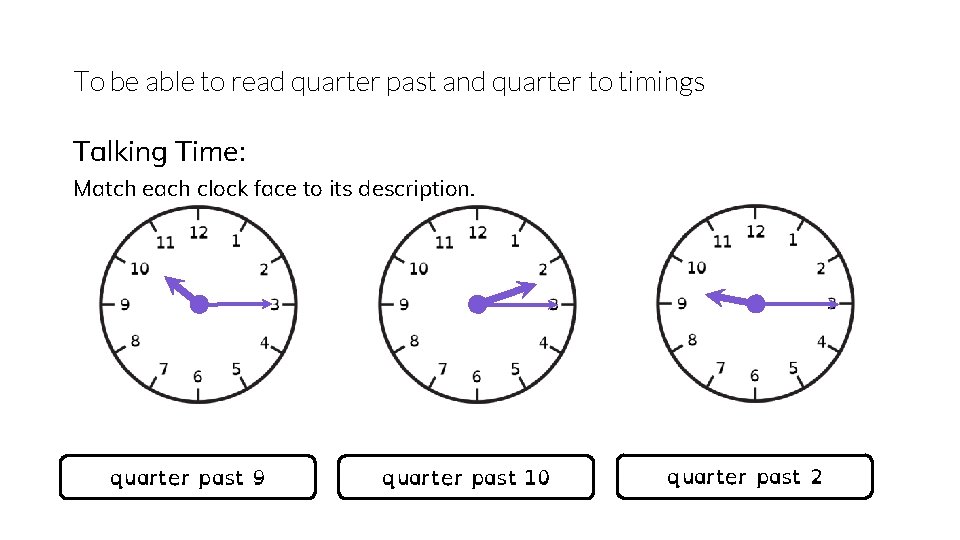 To be able to read quarter past and quarter to timings Talking Time: Match