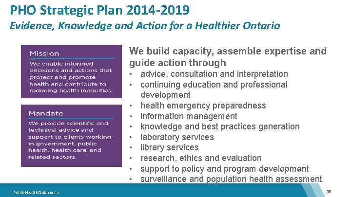 PHO Strategic Plan 2014 -2019 Evidence, Knowledge and Action for a Healthier Ontario We