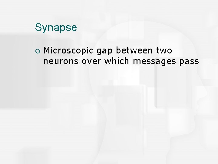 Synapse ¡ Microscopic gap between two neurons over which messages pass 