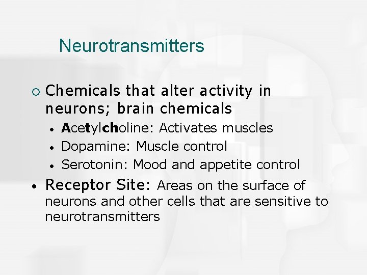 Neurotransmitters ¡ Chemicals that alter activity in neurons; brain chemicals • • Acetylcholine: Activates