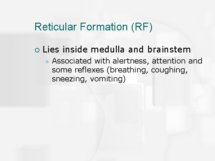 Reticular Formation (RF) ¡ Lies inside medulla and brainstem l Associated with alertness, attention