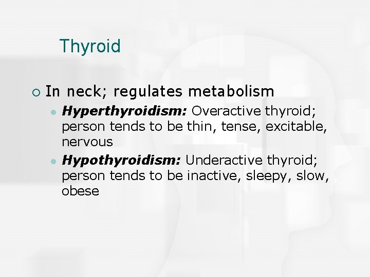 Thyroid ¡ In neck; regulates metabolism l l Hyperthyroidism: Overactive thyroid; person tends to