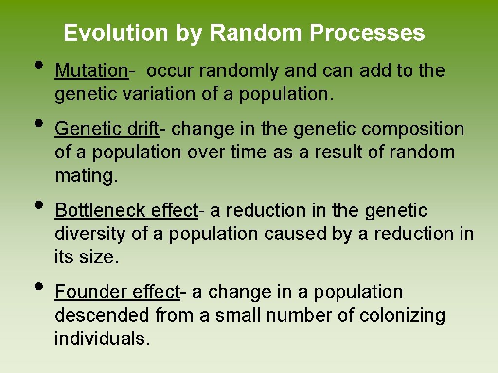 Evolution by Random Processes • • Mutation- occur randomly and can add to the Evolution by Random Processes • • Mutation- occur randomly and can add to the