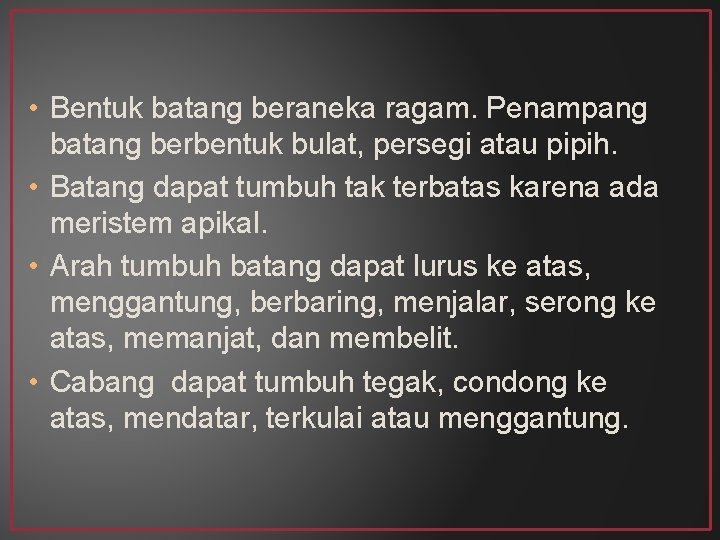  • Bentuk batang beraneka ragam. Penampang batang berbentuk bulat, persegi atau pipih. •