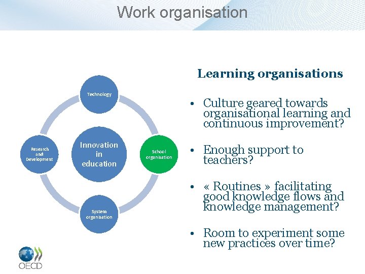 Work organisation Learning organisations Technology Research and Development Innovation in education System organisation •