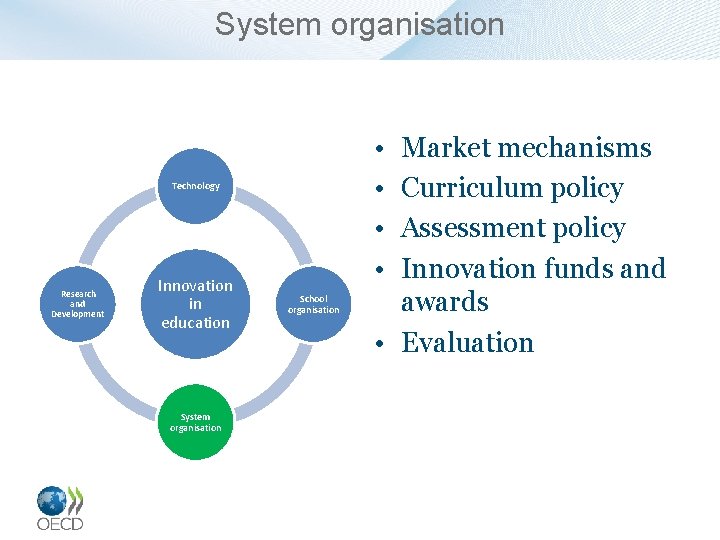 System organisation • • Technology Research and Development Innovation in education System organisation School