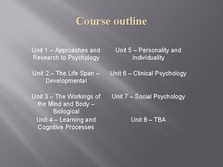 Course outline Unit 1 – Approaches and Research to Psychology Unit 5 – Personality