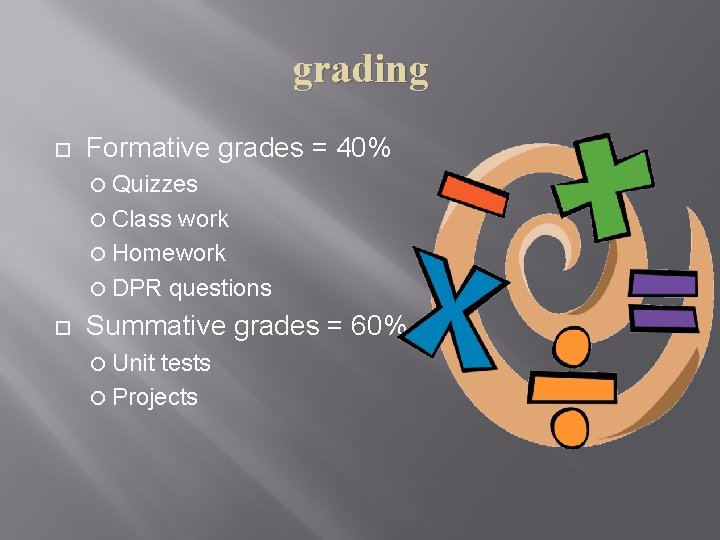 grading Formative grades = 40% Quizzes Class work Homework DPR questions Summative grades =