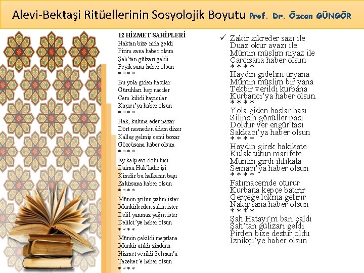 Alevi-Bektaşi Ritüellerinin Sosyolojik Boyutu Prof. Dr. Özcan GÜNGÖR 12 HİZMET SAHİPLERİ Haktan bize nida