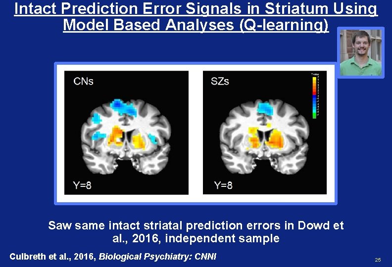 Intact Prediction Error Signals in Striatum Using Model Based Analyses (Q-learning) Saw same intact