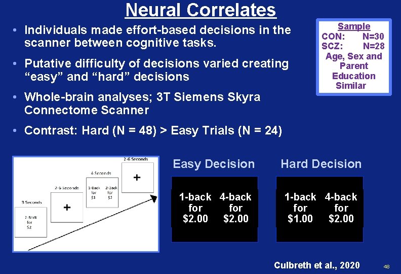 Neural Correlates • Individuals made effort-based decisions in the scanner between cognitive tasks. •