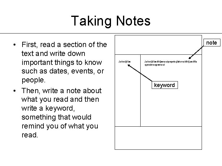 Taking Notes • First, read a section of the text and write down important