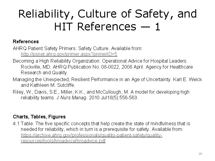 Reliability, Culture of Safety, and HIT References — 1 References AHRQ Patient Safety Primers.