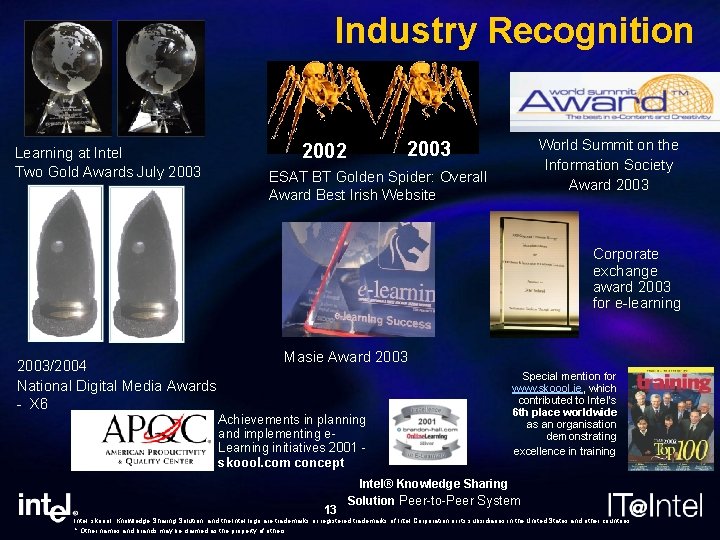 Industry Recognition Learning at Intel Two Gold Awards July 2003 World Summit on the