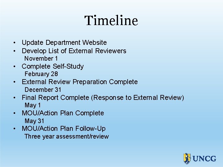 Timeline • Update Department Website • Develop List of External Reviewers November 1 •