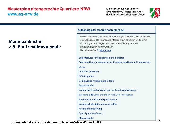 Modulbaukasten z. B. Partizipationsmodule Fachtagung "Alternde Gesellschaft - Herausforderungen für die Kommunen", Stuttgart, 01.