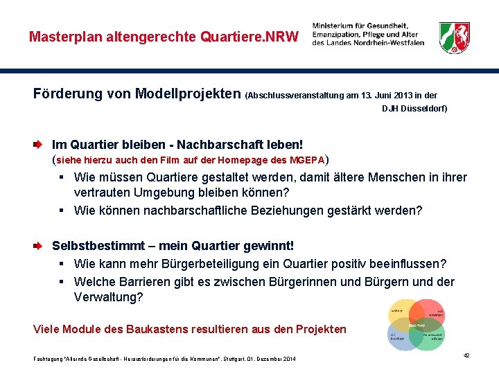 Masterplan altengerechte Quartiere. NRW Förderung von Modellprojekten (Abschlussveranstaltung am 13. Juni 2013 in der