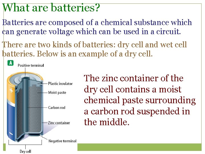 What are batteries? Batteries are composed of a chemical substance which can generate voltage