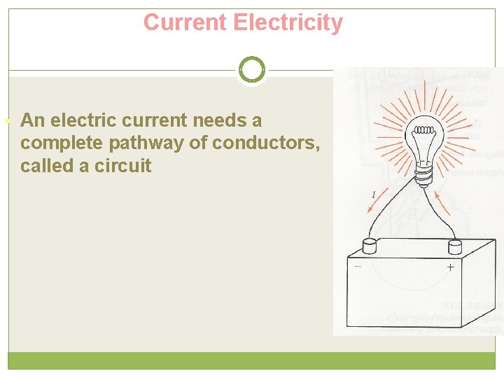 Current Electricity • An electric current needs a complete pathway of conductors, called a