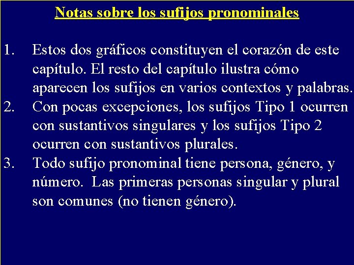 Notas sobre los sufijos pronominales 1. 2. 3. Estos dos gráficos constituyen el corazón