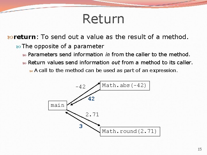 Return return: To send out a value as the result of a method. The