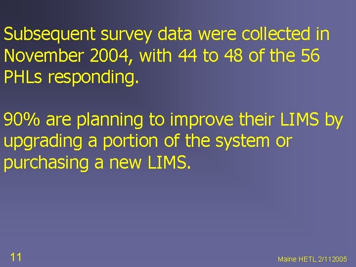 Subsequent survey data were collected in November 2004, with 44 to 48 of the