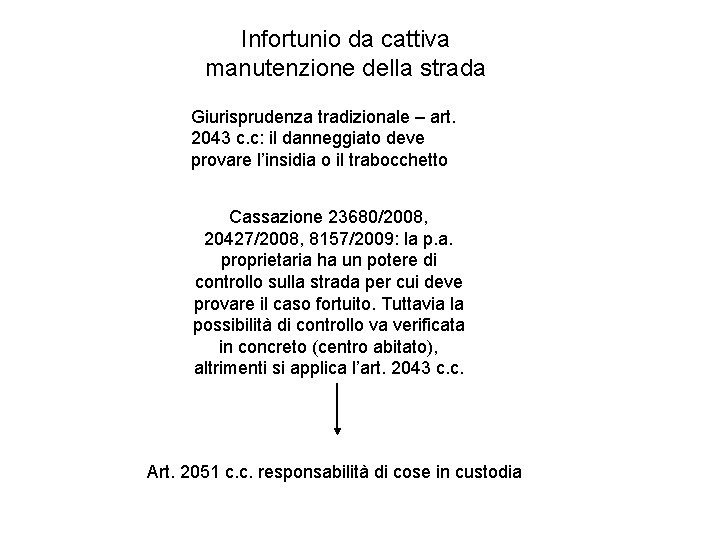 Infortunio da cattiva manutenzione della strada Giurisprudenza tradizionale – art. 2043 c. c: il