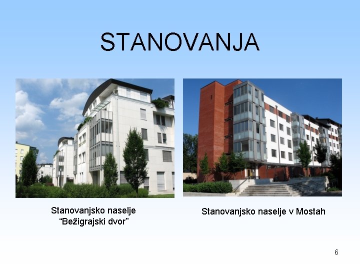 STANOVANJA Stanovanjsko naselje “Bežigrajski dvor” Stanovanjsko naselje v Mostah 6 