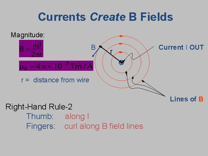Currents Create B Fields Magnitude: B Current I OUT r • r = distance