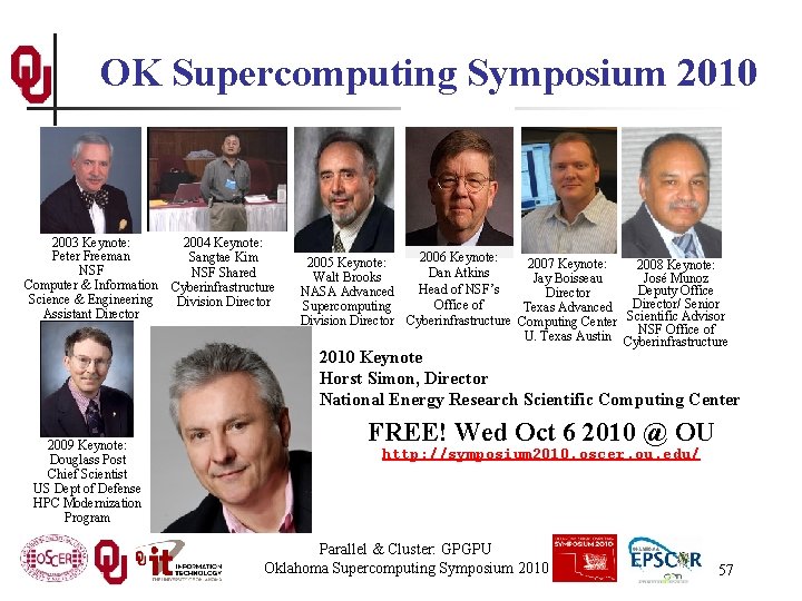 OK Supercomputing Symposium 2010 2004 Keynote: 2003 Keynote: Peter Freeman Sangtae Kim NSF Shared