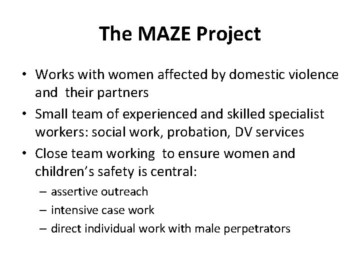 The MAZE Project • Works with women affected by domestic violence and their partners