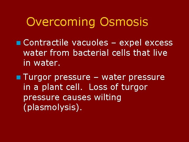 Overcoming Osmosis n Contractile vacuoles – expel excess water from bacterial cells that live