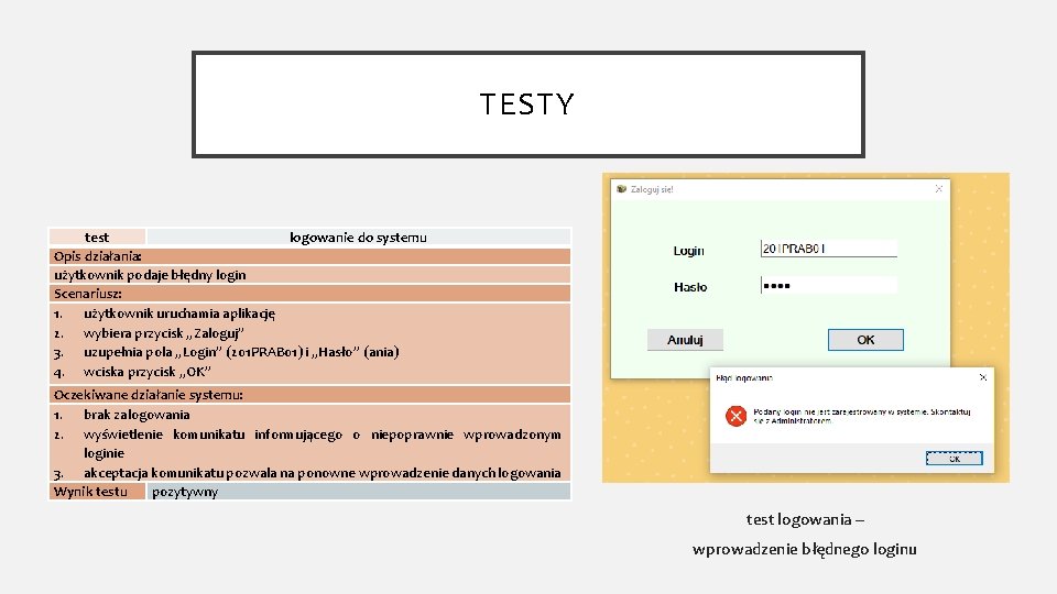 TESTY test logowanie do systemu Opis działania: użytkownik podaje błędny login Scenariusz: 1. użytkownik