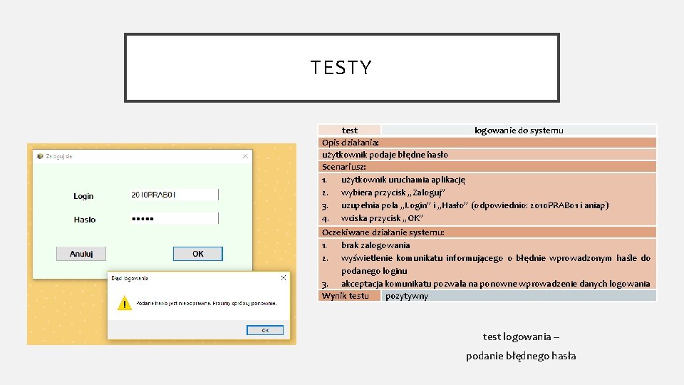 TESTY test logowanie do systemu Opis działania: użytkownik podaje błędne hasło Scenariusz: 1. użytkownik